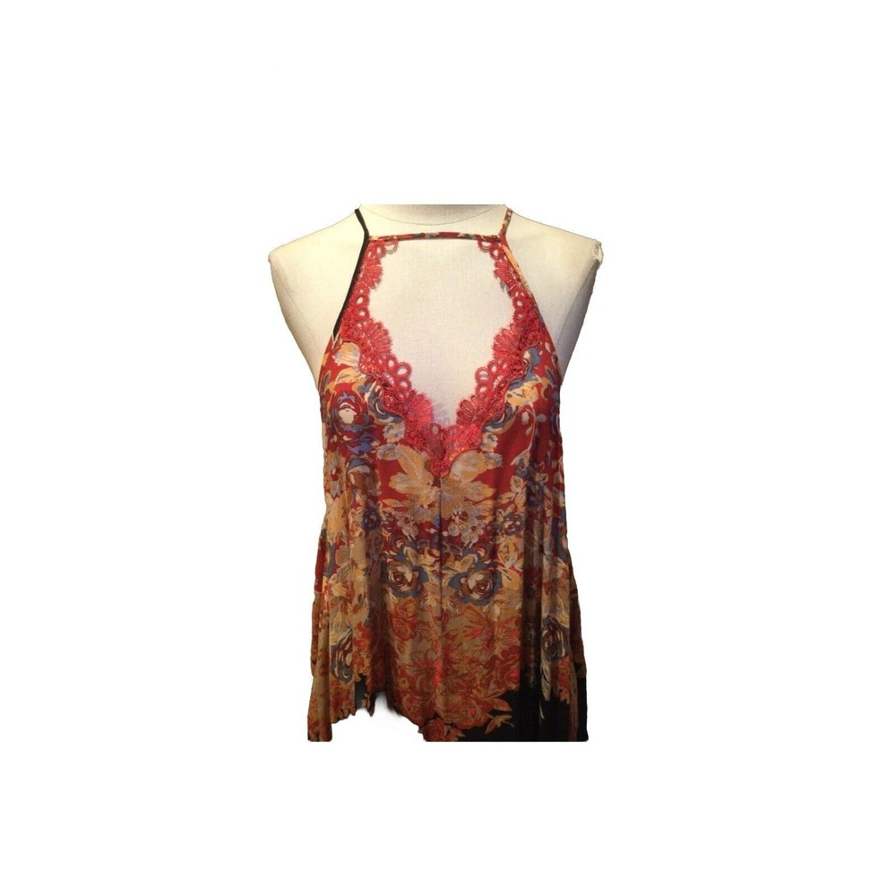 Intimately Free People Size M Black Sleeveless Floral Tunic Blouse W Lace Trim - Picture 5 of 12